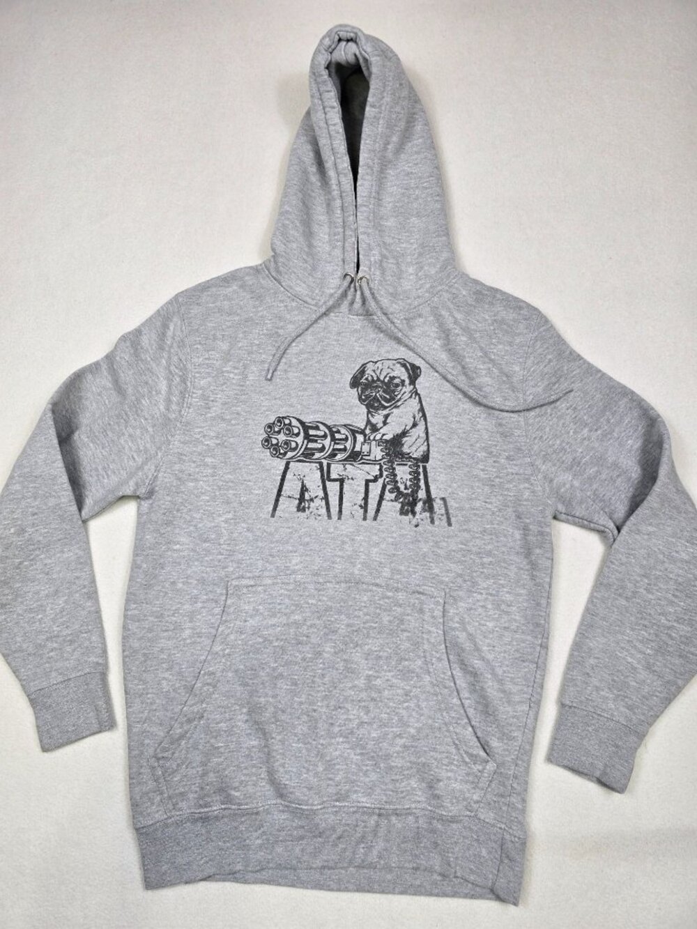 Lane Seven Small ATA Arm the Animal Pug Minigun Graphic Hoodie Sweatshirt Gray